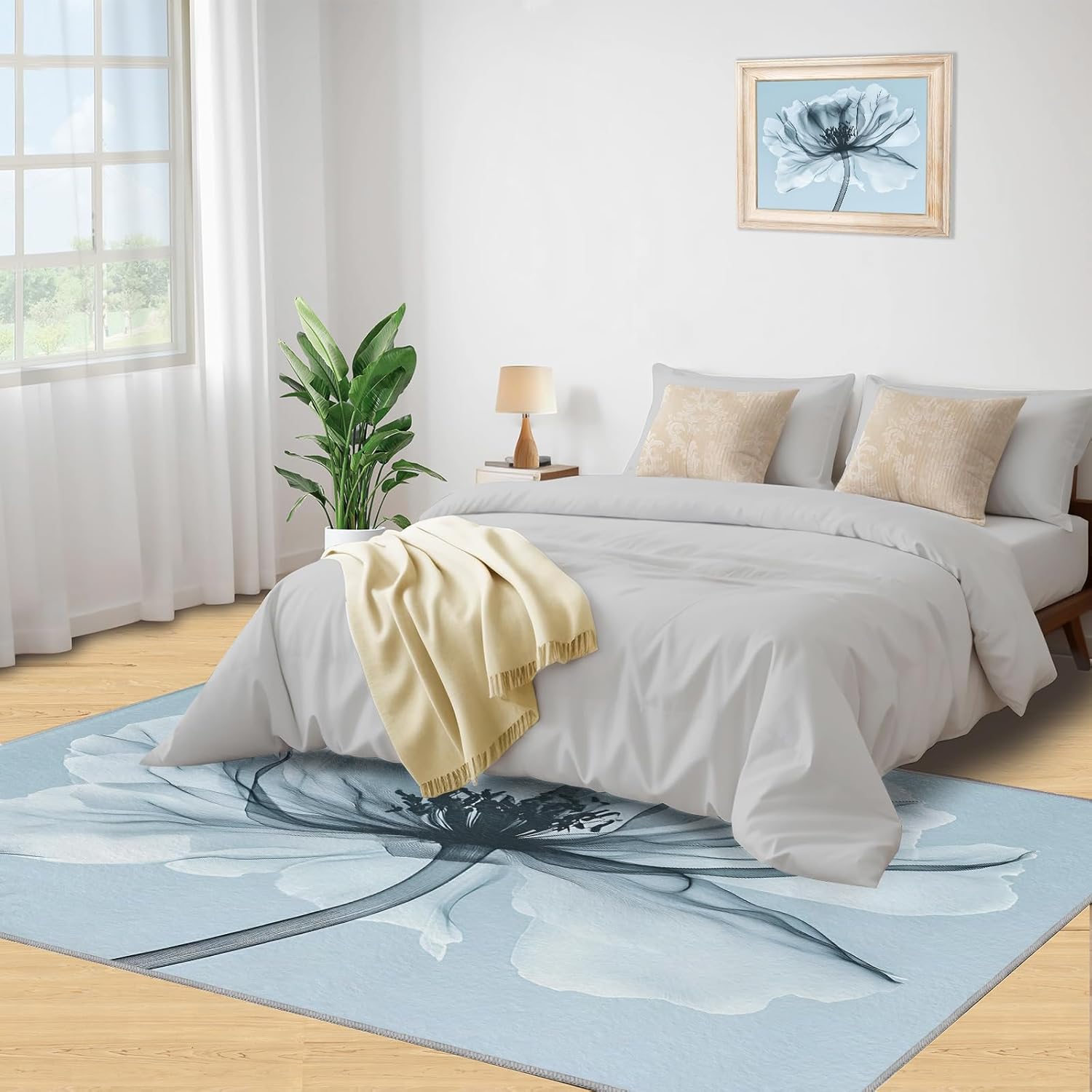 Transparent Floral Area Rug 2x3-2x3 Rug, X-Ray Flower Rugs for Living Room, Creative Carpet, Gray Flower Washable Area Rugs for Bedroom, Minimalist Carpet, Floral Home Decor