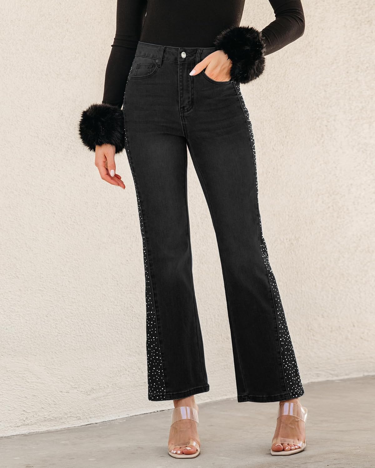 GRAPENT Flare Jeans for Women High Waisted Trendy Wide Leg Embellished Rhinestone Sparkly Concert Stretchy Denim Pants