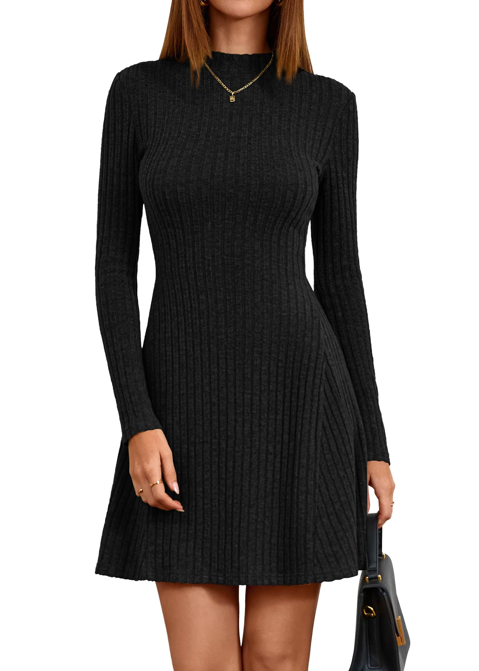 KIRUNDO Womens Sweater Dress 2025 Fall Lightweight Long Sleeve Mock Neck A Line Fit and Flare Ribbed Knit