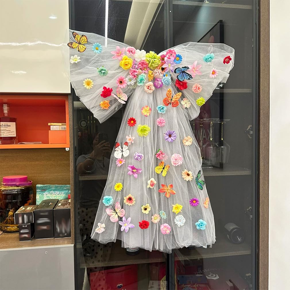 Tüll Schleifen Groß Deko Geschenkschleifen mit Blumen Stuhlschleifen Autoschleifen Hochzeitsschleifen Hochzeitsbogen Tüllstoff Hochzeitsdeko Auto Schmuck für Party Deko 100cmx120cm