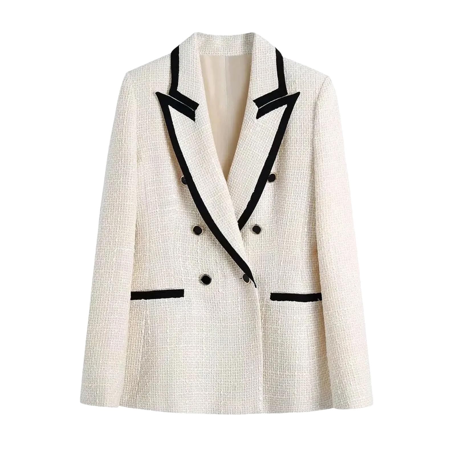 Womens Casual Blazers Vintage Double Breasted Tweed Notch Lapel Business Suit Jackets