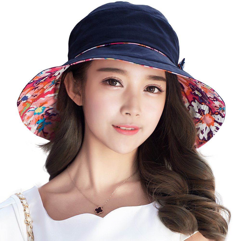Comhats Ladies Bucket Summer Sun Hat Foldable Beach Cap Wide Brim UPF50+ Packable for Women Navy