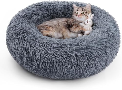 rabbitgoo Camas para gatos de interior, 20 x 20 pulgadas, cama para gatos lavable a máquina, cama para mascotas esponjosa, redonda, antideslizante,