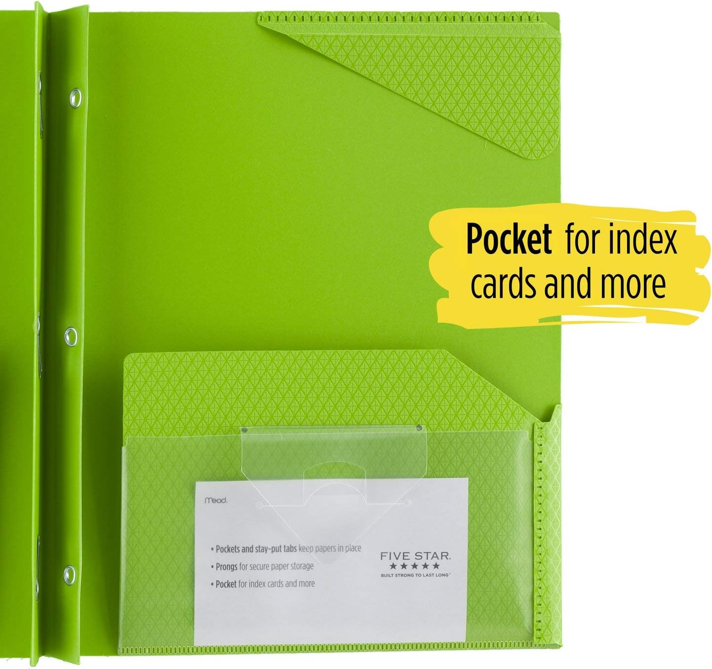 Five Star 2-Pocket Folder, Stay-Put Folder, Plastic Colored Folders with Pockets & Prong Fasteners for 3-Ring Binders, Great for Home School Supplies & Home Office, 11” x 8-1/2”, Lime (72901)