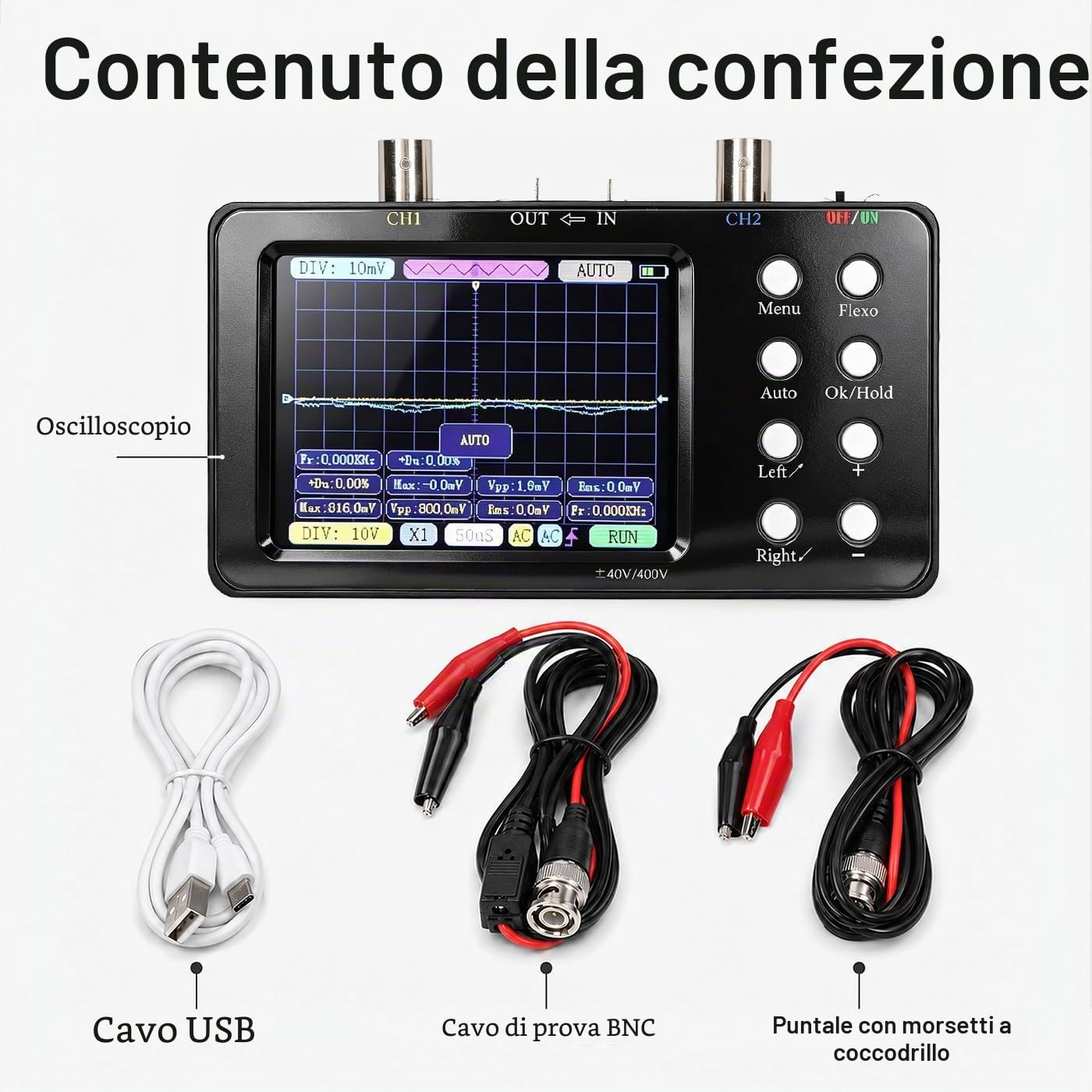 Fyearfly Oscilloscopio A Doppio Canale, Oscilloscopio Digitale Multimetro Generatore di Segnale Portatile A 2 Canali Larghezza di Banda 2 MHz con Display LCD Retroilluminato + Clip A Coccodrillo