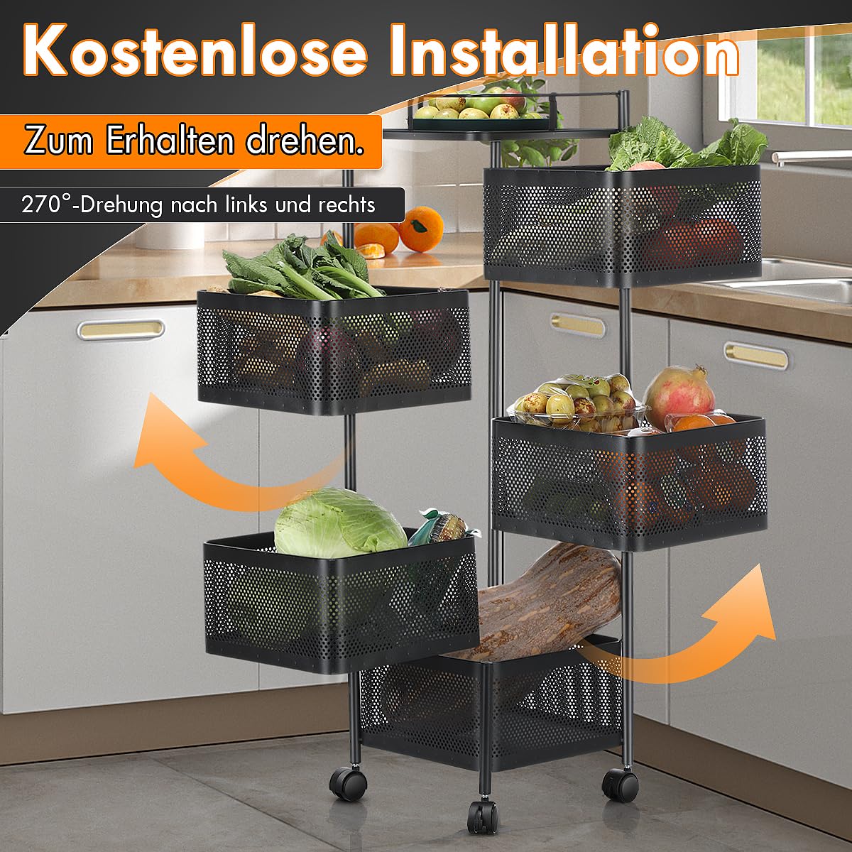 Gemüseregal Küchenwagen Universall multifunktionales Regal Küchen rollwagen Obstkorb Aufbewahrungsbehälter Obstwagen mit Rollen Küchenregal Organizer für Küche, Badezimmer und Büro Schwarz 5 Fächer