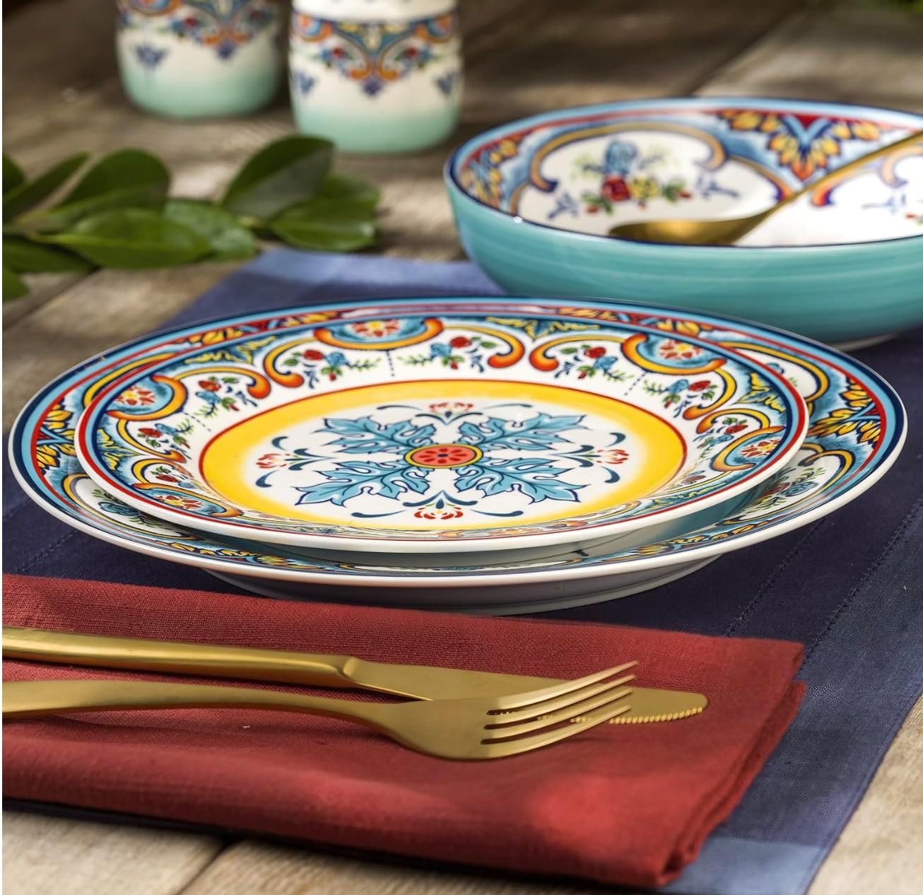 Euro Ceramica Zanzibar Collection Vibrant 16 Piece Oven Safe Stoneware Dinnerware Set, Service For 4, Spanish Floral Design, Multicolor