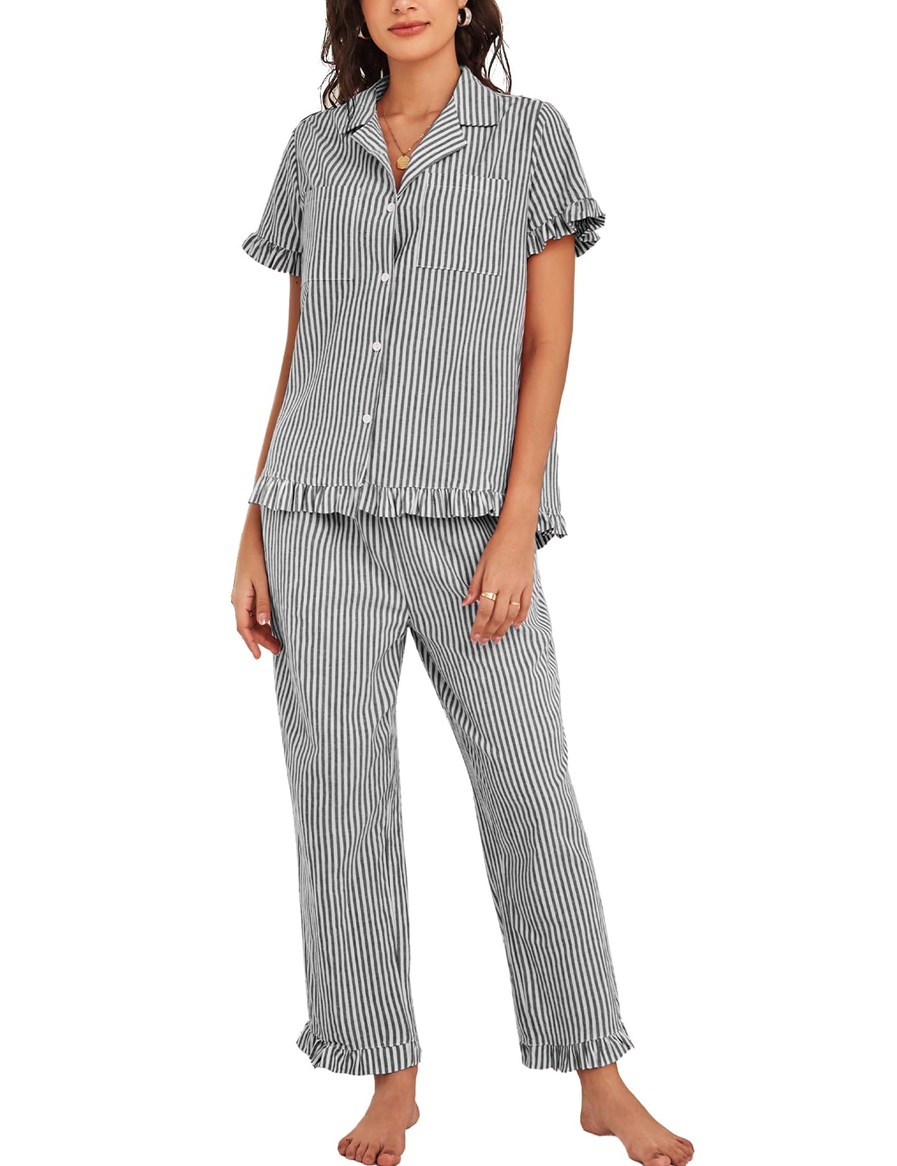 Flygo Womens Striped Pajama Sets Cotton Button Down Sleepwear Short Sleeve Top Long Ruffle Pants 2 Piece Pjs