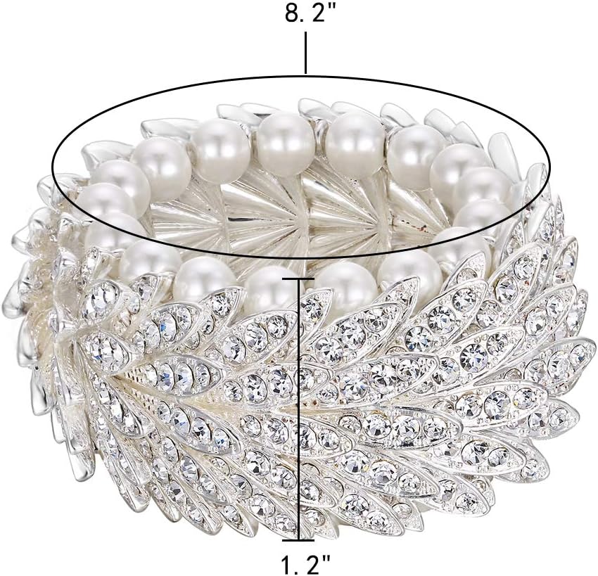 EleQueen Women's Austrian Crystal Simulated Pearls Cuff Bracelet Vintage Multi-Layer Elastic Bridal Bracelets