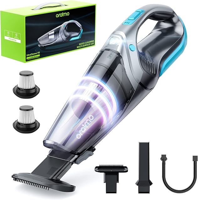 Oraimo Handheld Vacuum, 7.5kpa Powerful Cordless Handheld Vacuum Cleaner with LED,100W, Battery Detachable, HEPA+Stainless Dual Filtration, Hand held Vacuum for Pet Hair, Car, Home, Office, Carpet