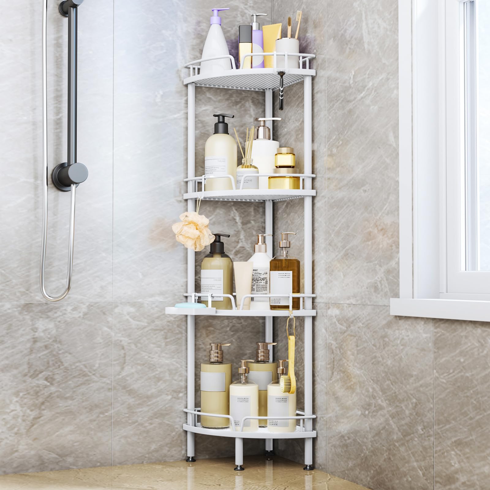 Consumest Corner Shower Organizer Stand - 4 Tier Shower Caddy with Soap Holder, Standing Tall Floor Shower Stand with Adjustable Feet & 4 Hooks,