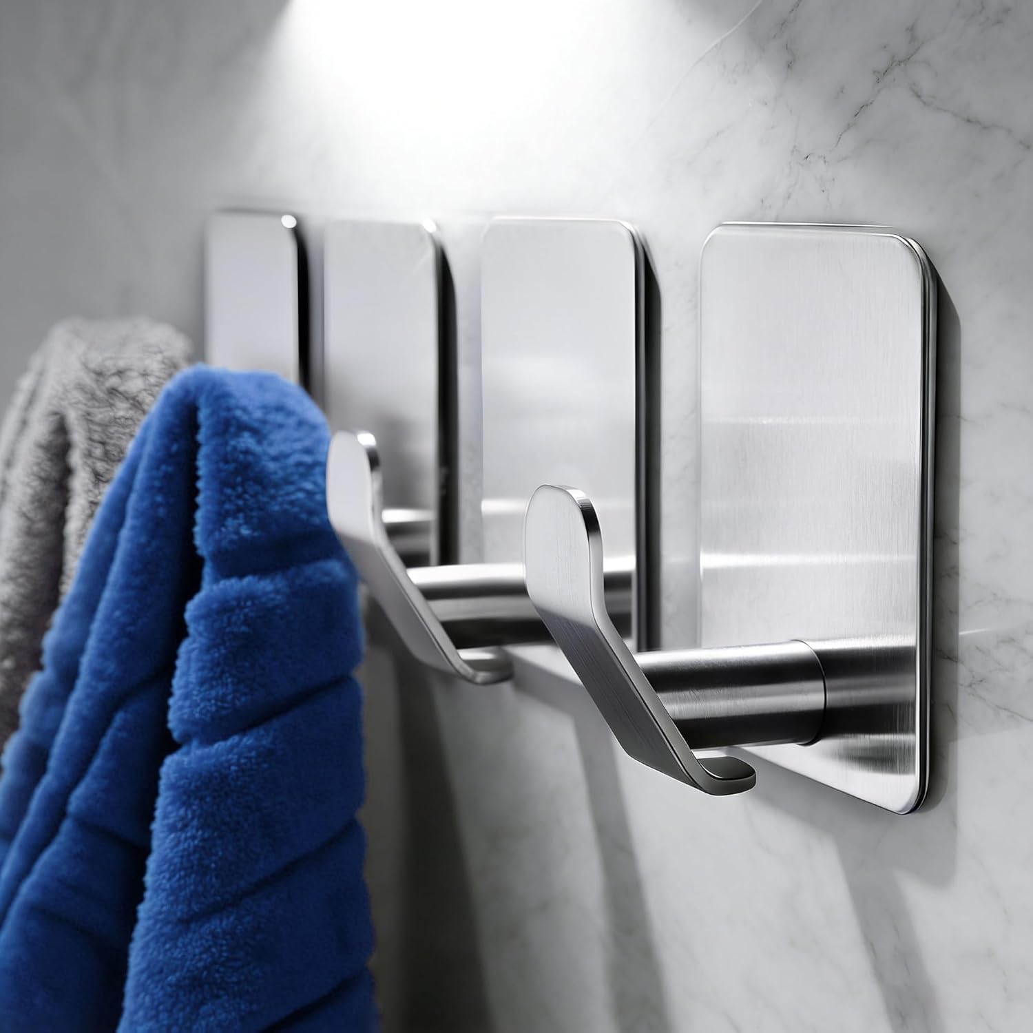 DELITON Adhesive Hooks - 4 Pack Towel Hooks Brushed Stainless Steel, Wall Hooks for Hanging Towels, Clothes, Keys, Stick to Bathroom, Kitchen or Bedroom