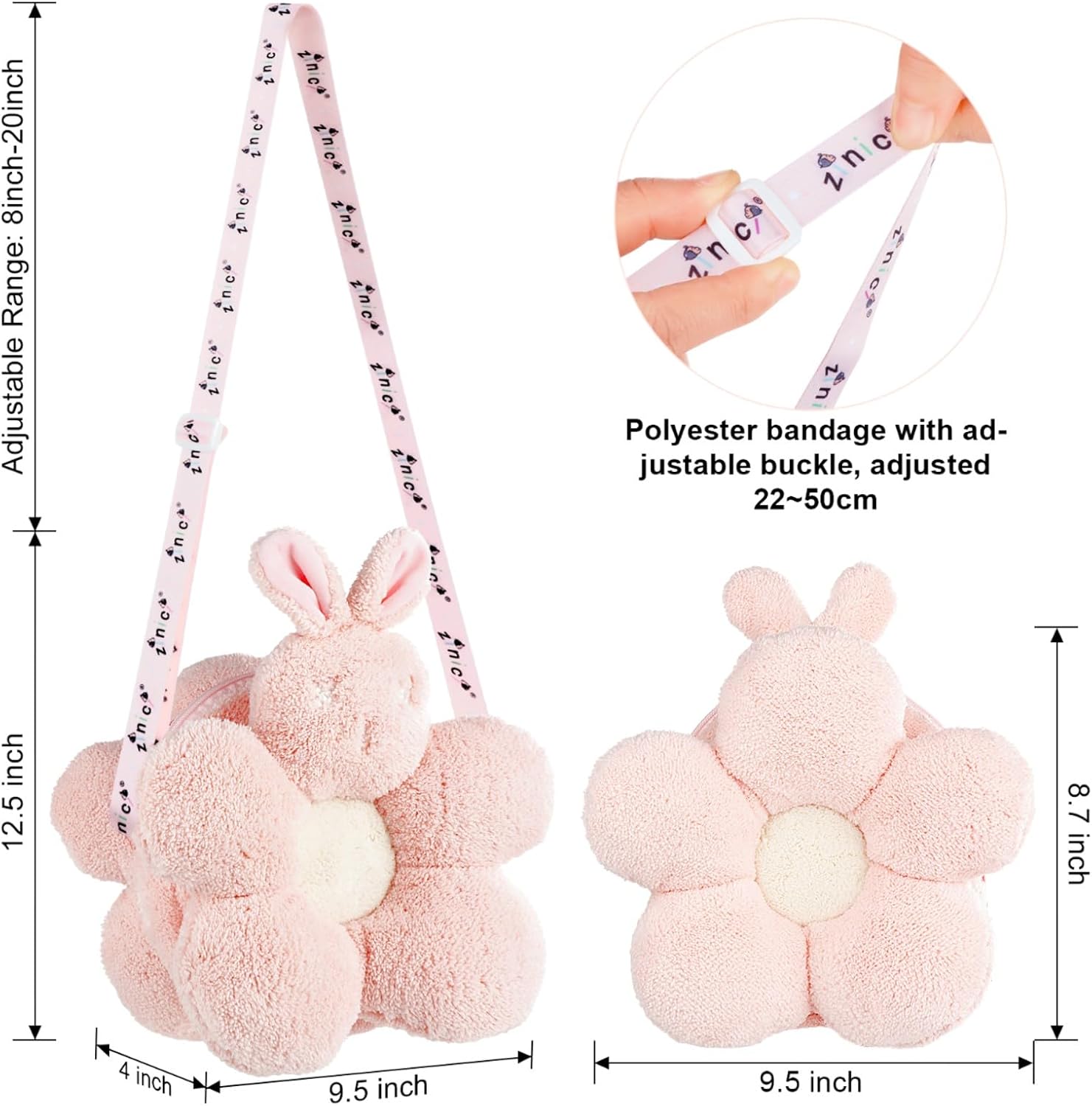 Kawaii Bunny Flower Plush Crossbody Bag for Girls – Cute Pink Fluffy Shoulder Purse with Adjustable Strap, Soft Coral Velvet Small Handbag Gift for Women & Kids - Image 3