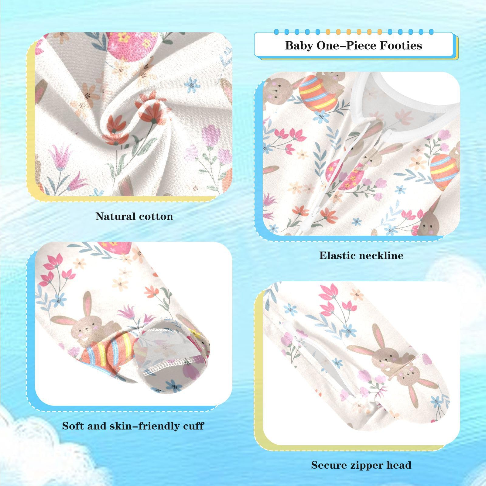 Dussdil Happy Easter Egg Bunny Baby One-Piece Footies Wildflower Newborn Rompers Pajamas Cotton Footed Pjs for Sleep Play Boys Girls 3 Month