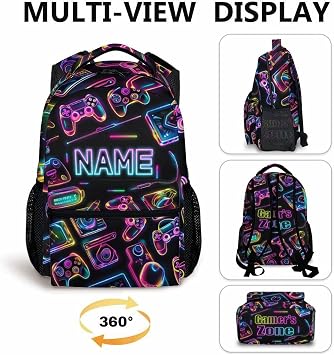 Personalised Gamer Backpack for Boys with Name – 17 Inch Gaming Rucksack with Neon Controller Design, Custom School Bag for Kids, Travel and Day Trips