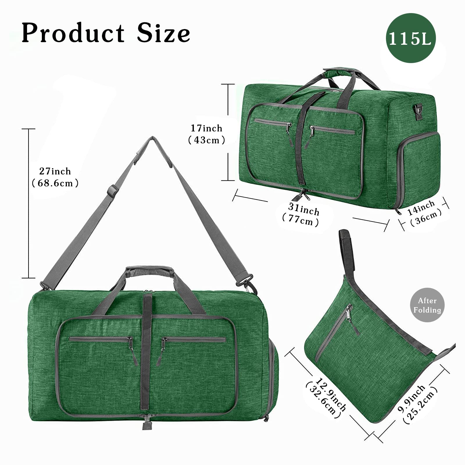 CORIOS Borsone da Viaggio Uomo/Donna 115L Pieghevole Borsa Sportiva Grande Bagaglio a Mano con Scomparto Scarpe Borsone Palestra Ultra-Leggero Piscina Palestra Weekender Pernottamento Verde Scuro