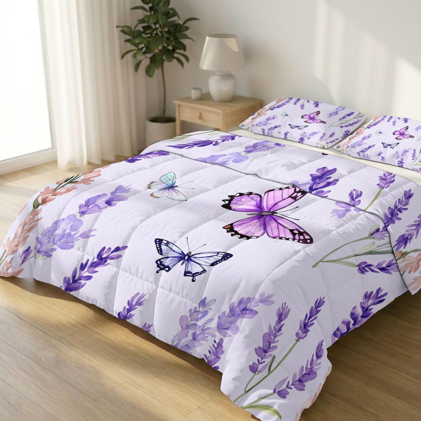 Couette 4 Saisons 240x220 Violet Lavande avec 2 Taies d'Oreiller