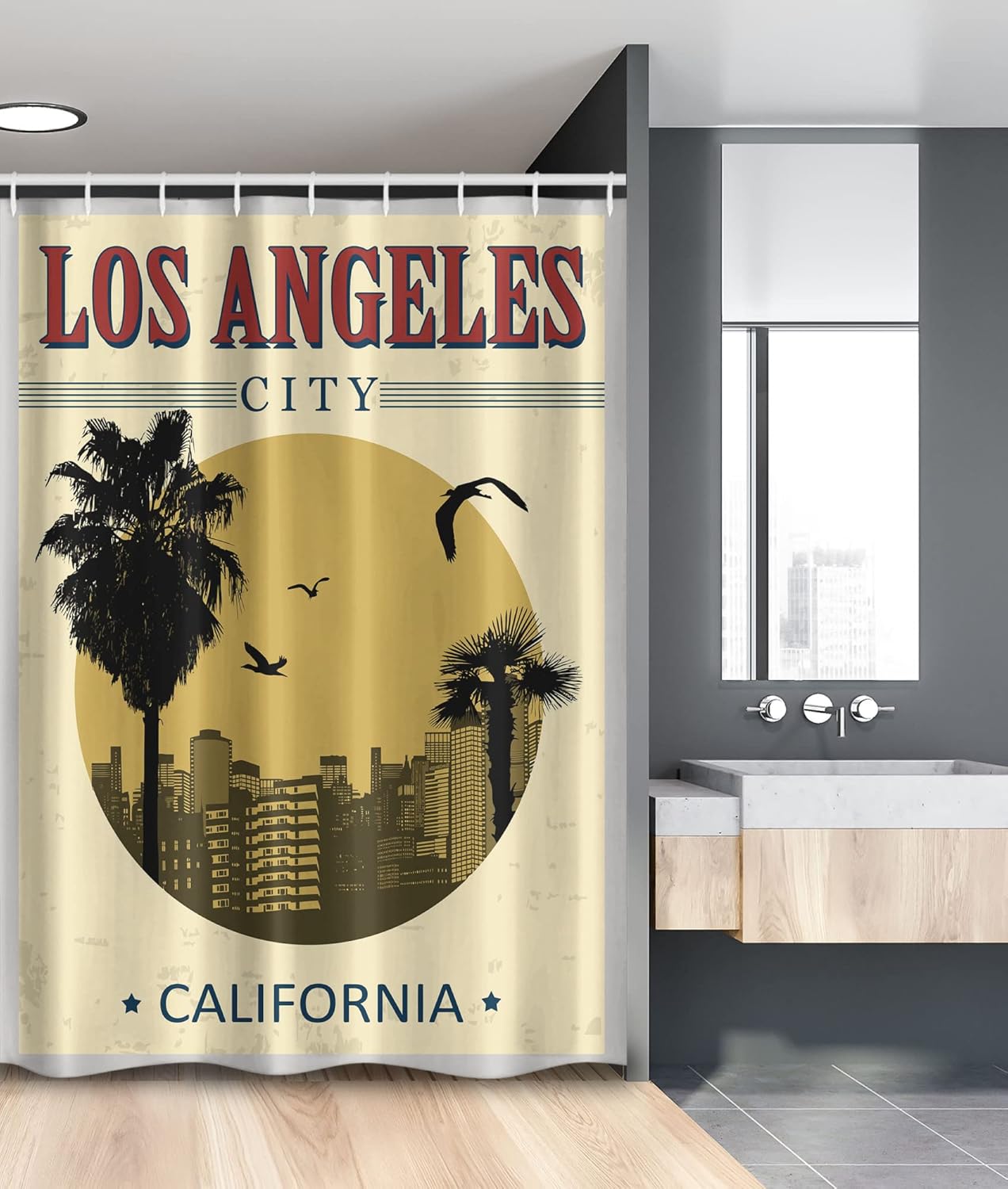 Ambesonne USA Shower Curtain, Los Angeles City from California in Vintage Style Birds Vacation Journey Travel Theme, Cloth Fabric Bathroom Decor Set with Hooks, 69" W x 70" L, Multicolor