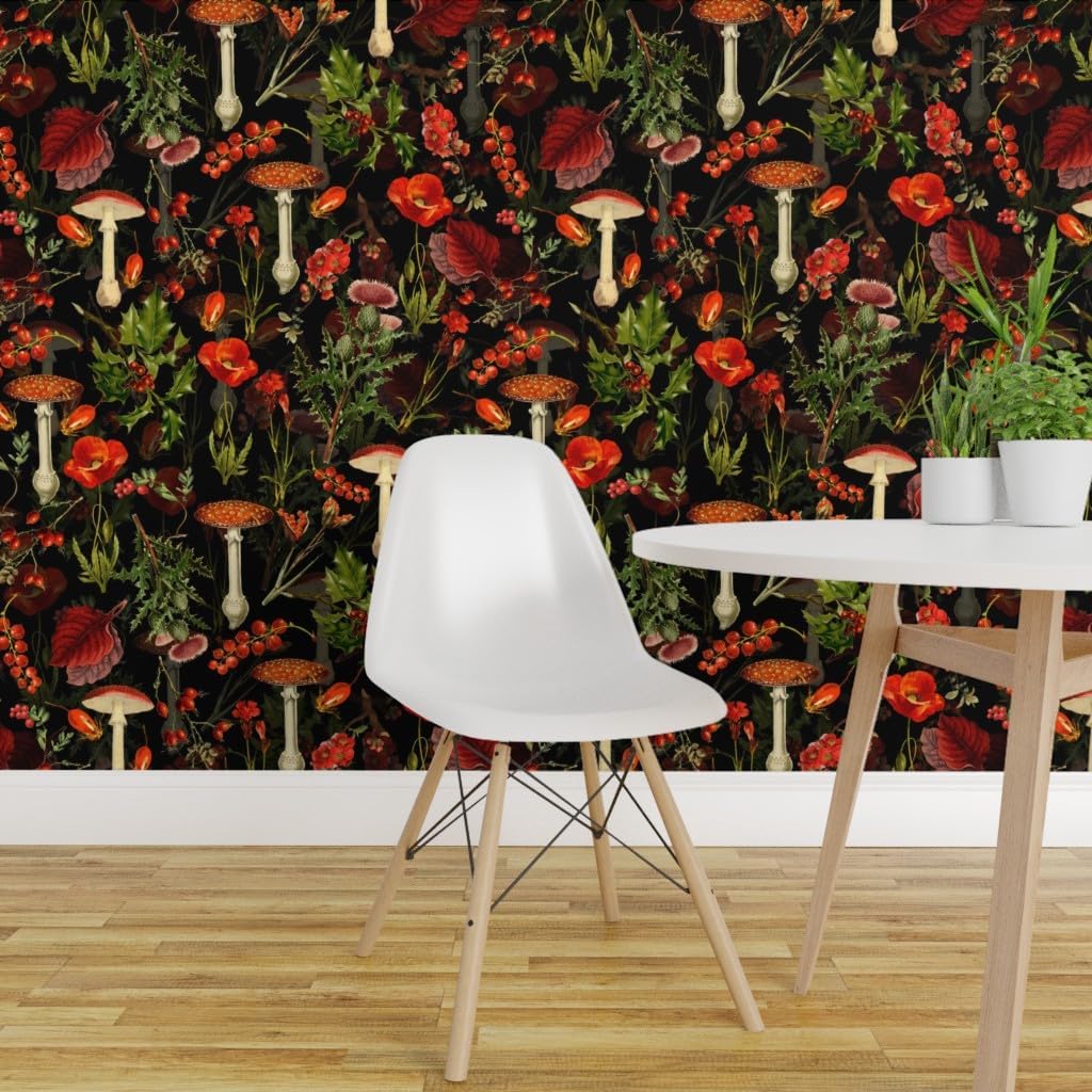 Removable Wallpaper 3ft x 2ft - Vintage Style Botanical Mushrooms Woodland Wildflowers Antique Style Custom Pre-Pasted Wallpaper by Spoonflower