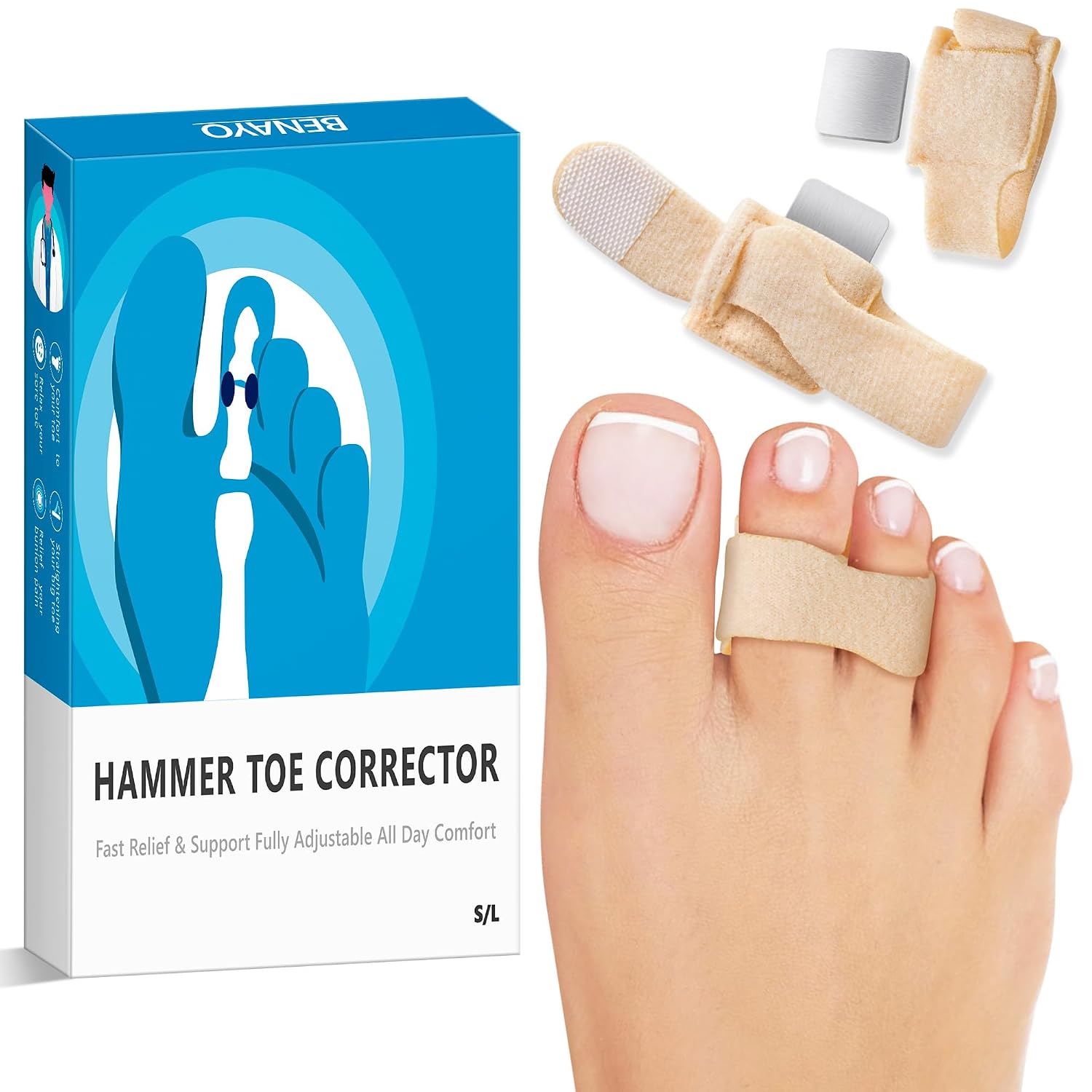 BENAYO 2Pcs Hammer Toe Straightener & Broken Toe Wraps - Adjustable Toe Splint with Removable Aluminum Support for Crooked Toes,Overlapping Toes-Men & Women. (Black, S:WOMEN(4.5-9)/MEM(5-8))