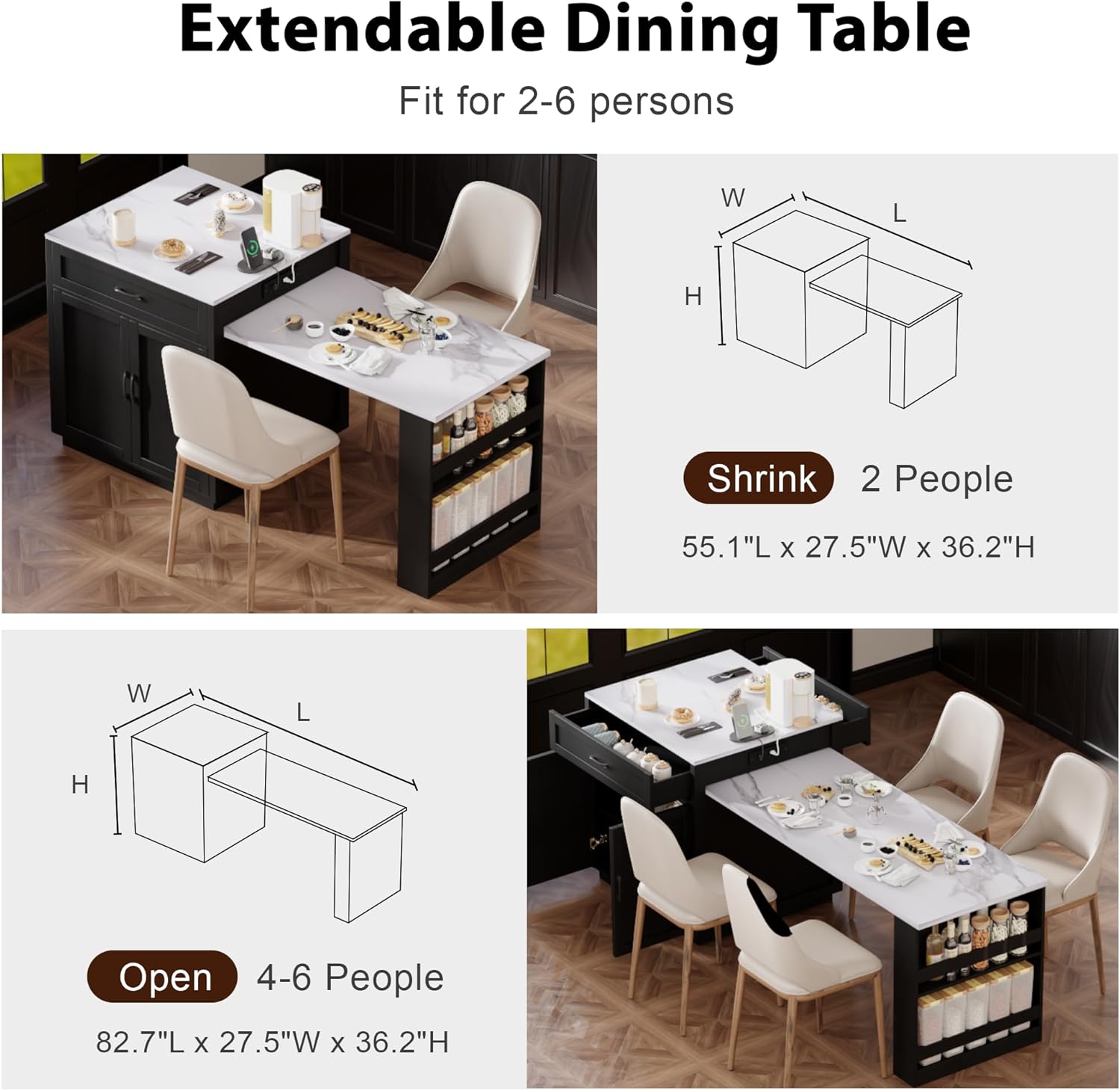 Merax 82.7" Kitchen Island with Extendable Dining Table for 4-6, Rolling Mobile Center Islands with Storage, Charging Station, 2 Drawers 2 Side Open Shelves, Black