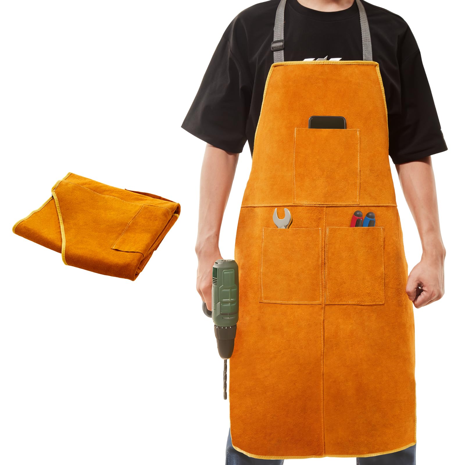 Sunnynest Men's Yellow Tool Aprons Work Apron62.5x88cm Heavy-Duty Leather Welding & Workshop Apron - Heat/Flame Resistant Full-Coverage Cowhide Apron With 3 Pockets For Blacksmiths, Welders, Woodworkers & Diy