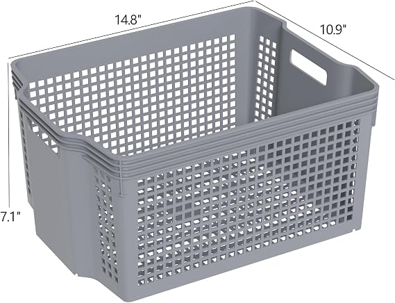 6-Pack Large Stackable Baskets Organizer, Rectangular Plastic Bins