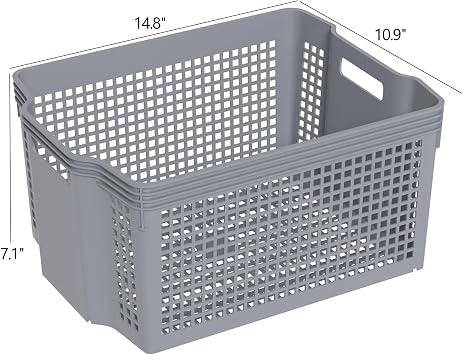 6-Pack Large Stackable Baskets Organizer, Rectangular Plastic Bins