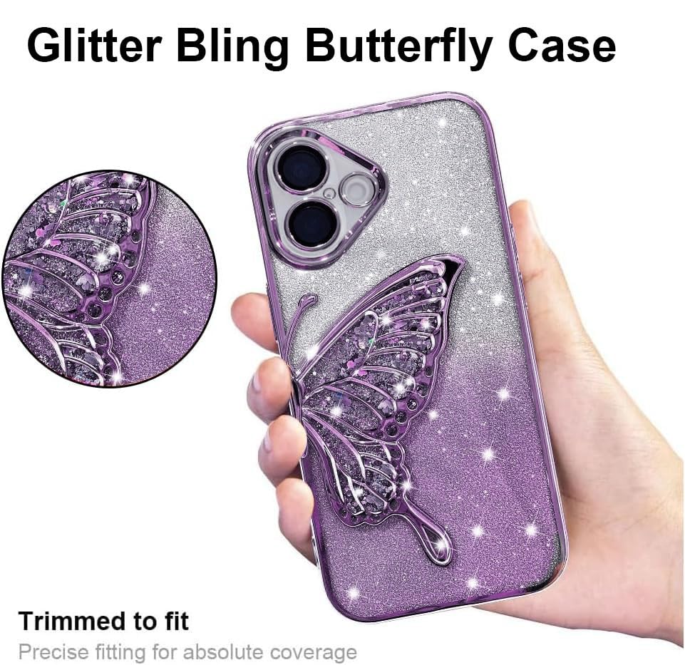 Image of mobistyle Designed for iPhone 16 Plus Cover | Glitter Cute Butterfly | Electroplate Plating Design | Back Cover Case for Women Teen Girls [ Silicone | Purple]