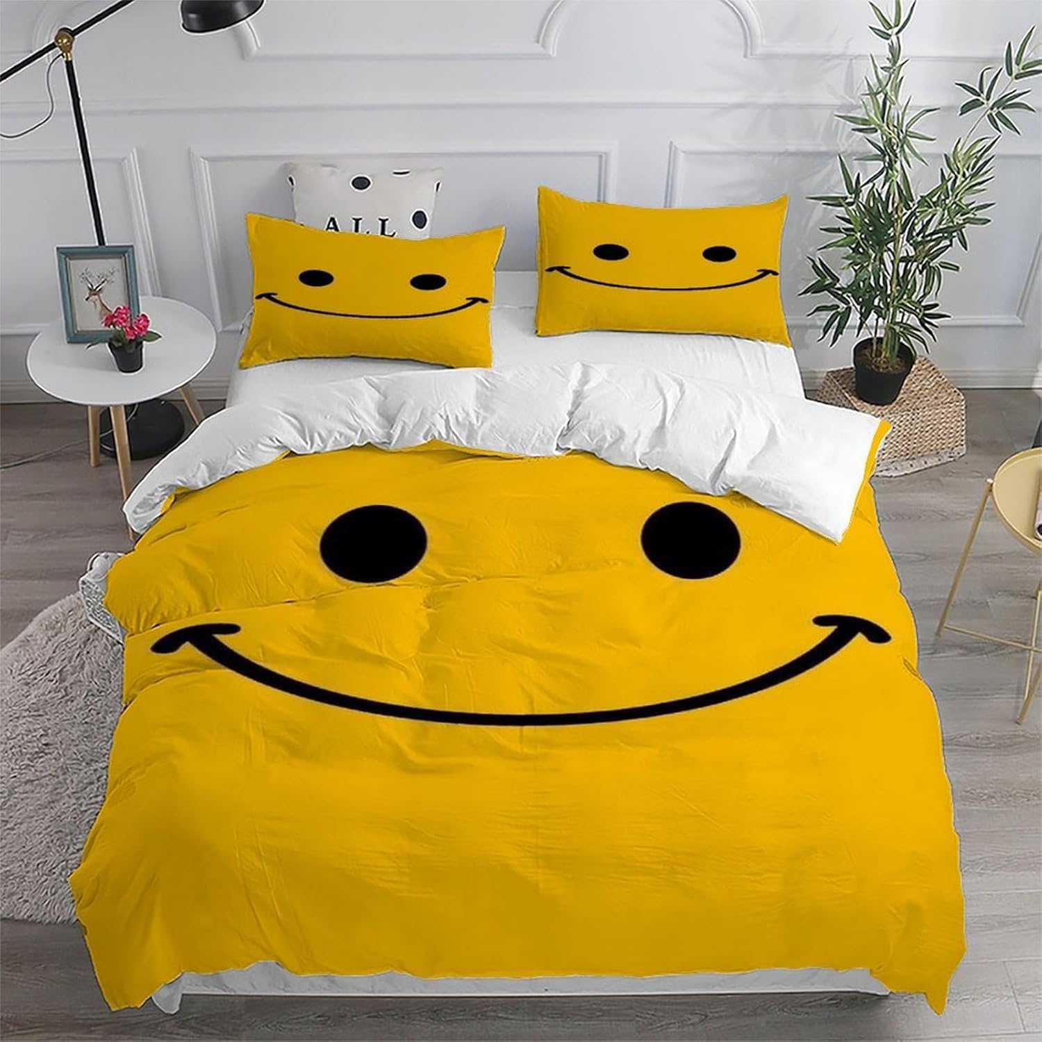 Smiley Face Duvet Cover Double Bright Yellow Bedding Set 3D Print Soft Microfiber Quilt Covers 200x200 cm with Zipper Closure and 2 Pillowcases 50x75 cm for Adults A.608