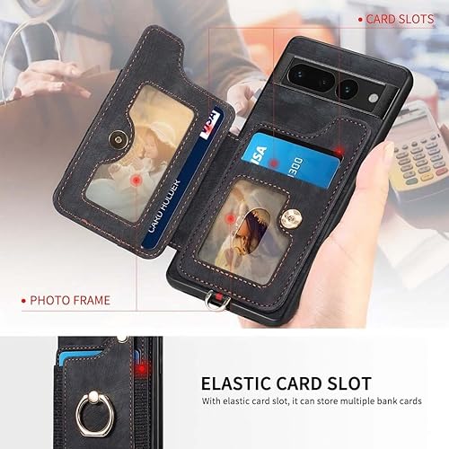 Miniatura 5 de JanCalm Funda para Pixel 7 Pro, tarjetero para Google Pixel 7 Pro, soporte de anillo, bloqueo RFID, correa de muñeca, protector de cámara, funda