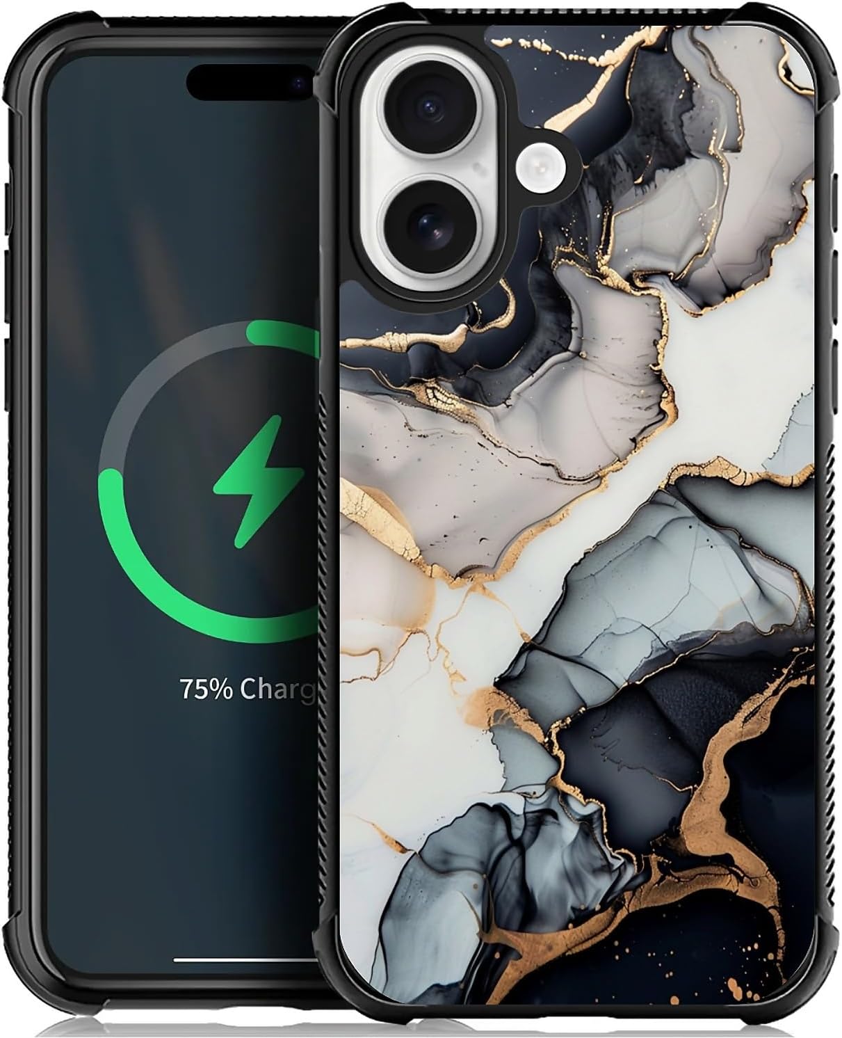 Magnetic Case for iPhone 17,[Compatible with MagSafe],Shockproof Rugged Hard Back Phone Cover-Black Gold Marble
