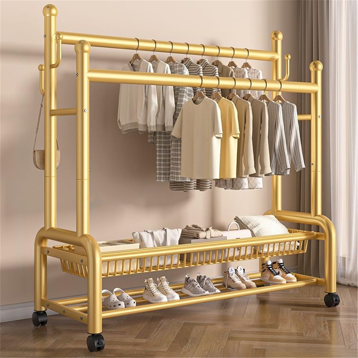 Stand Appendiabiti da Terra in Metallo Appendiabiti su Ruote, Appendiabiti in Acciaio al Carbonio con Scaffale di Stoccaggio A 2 Strati E 2 Binari per Vestiti