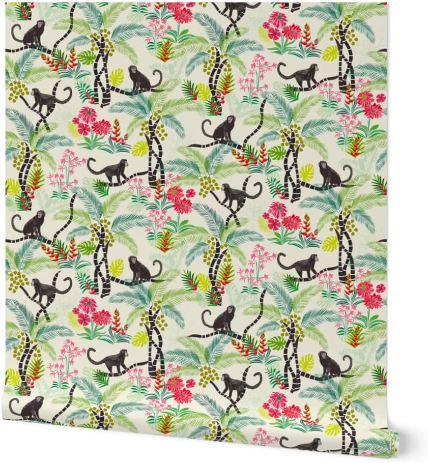 Peel & Stick Wallpaper 3ft x 2ft - Tropical Monkeys Floral Trees Animals Monkey Summer Custom Removable Wallpaper by Spoonflower