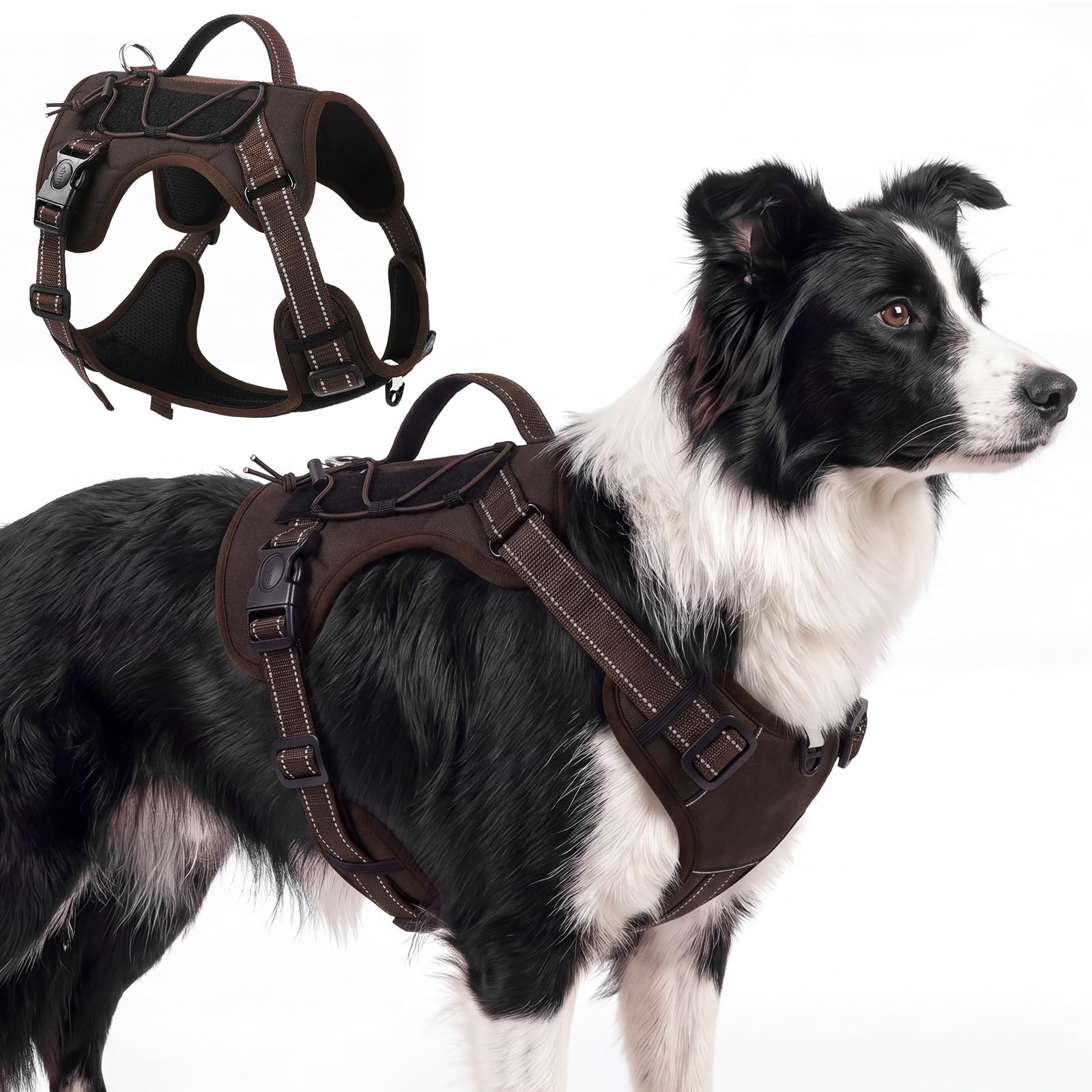 Olcyren Dog Harness for Small Medium Large Dogs, Adjustable Reflective Soft Padded Dog Harness with Easy Control Handle, No-Choke Tactical Breathable Mesh Pet Vest Harness for Walking (Coffee, L)