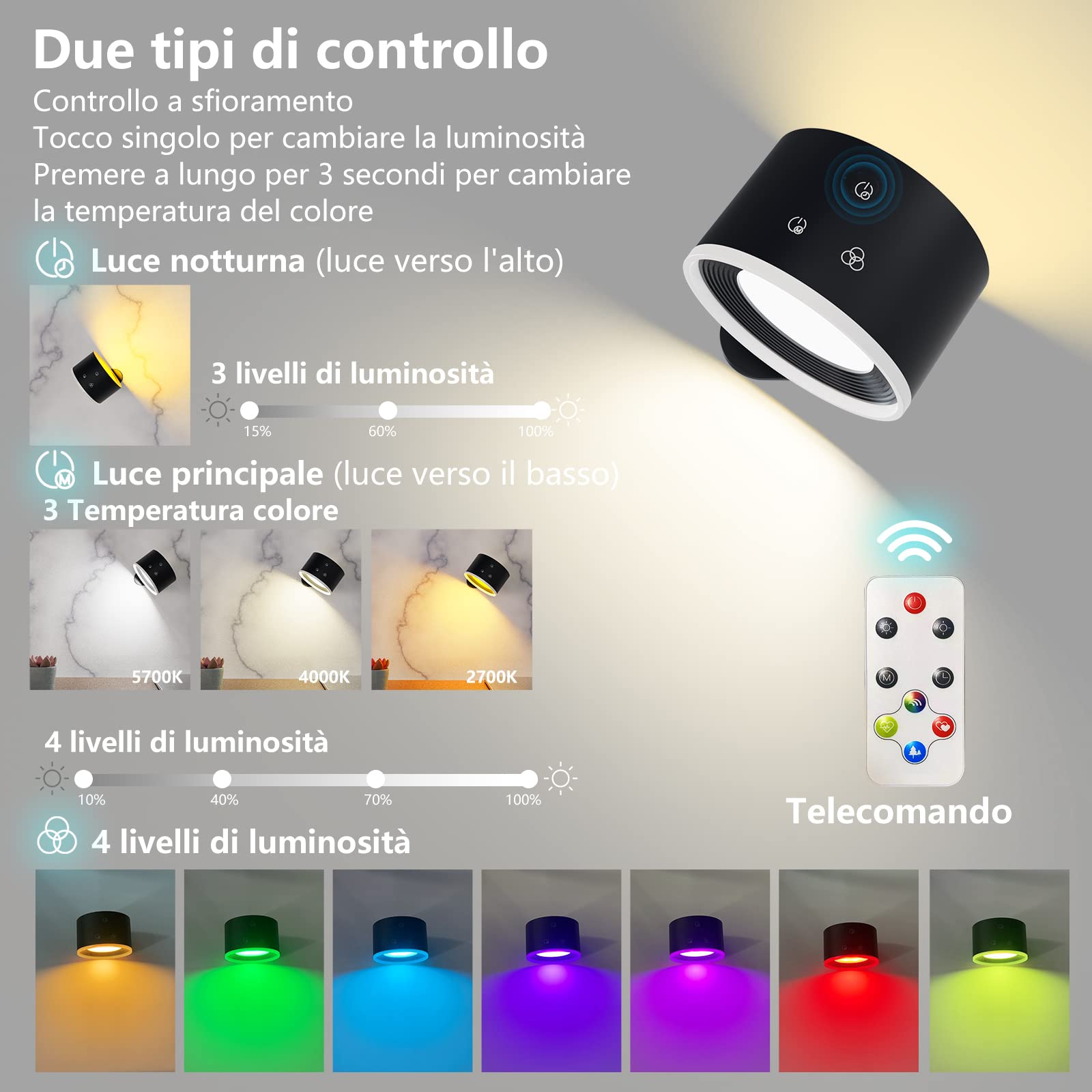 Lampada da parete, Lampada Led con Telecomando Illuminazione Ambientale RGB Dimmerabile con Batteria Ricaricabile, Funzione Timer di 1 Ora Illuminazione A Parete Touch Control 360° Ruotabile Su e Giù