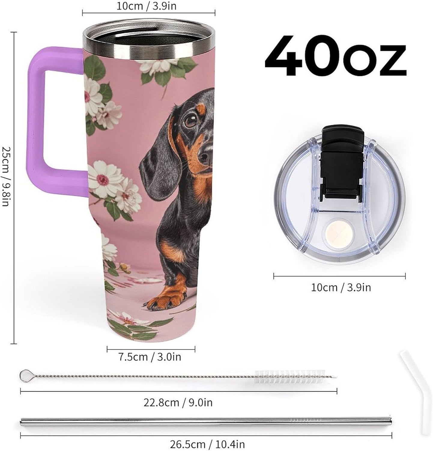 Dachshund Florals Travel Coffee Mug Reusable Durable Stainless Steel Insulated Tumbler with Handle And Straw Leak Resistant Portable Thermal Cup Gifts for Men Women 40 Oz