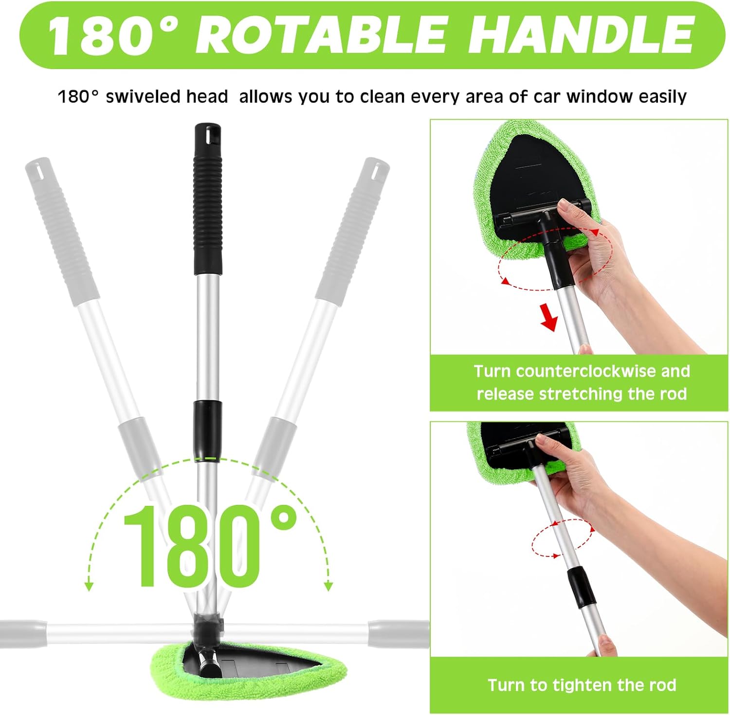 8 Pcs Car Windshield Cleaner Tool Kit with Extendable Handle, Microfiber Towel Pads, Brush, Empty Spray Bottle for Auto Glass Wiper Suvs Rvs & Home Windows (Green) - Image 2