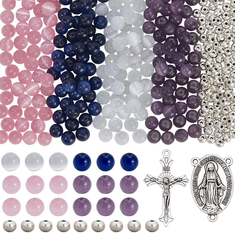SUNNYCLUE Rosenkranz-Bastelset, Rosenkranz-Anhänger, Kreuzanhänger, Oster-Kruzifix, Anhänger, Kronleuchter, Komponenten, Glieder, 8 mm, Katzenaugen-Perlen für Schmuckherstellung, Zubehör, DIY