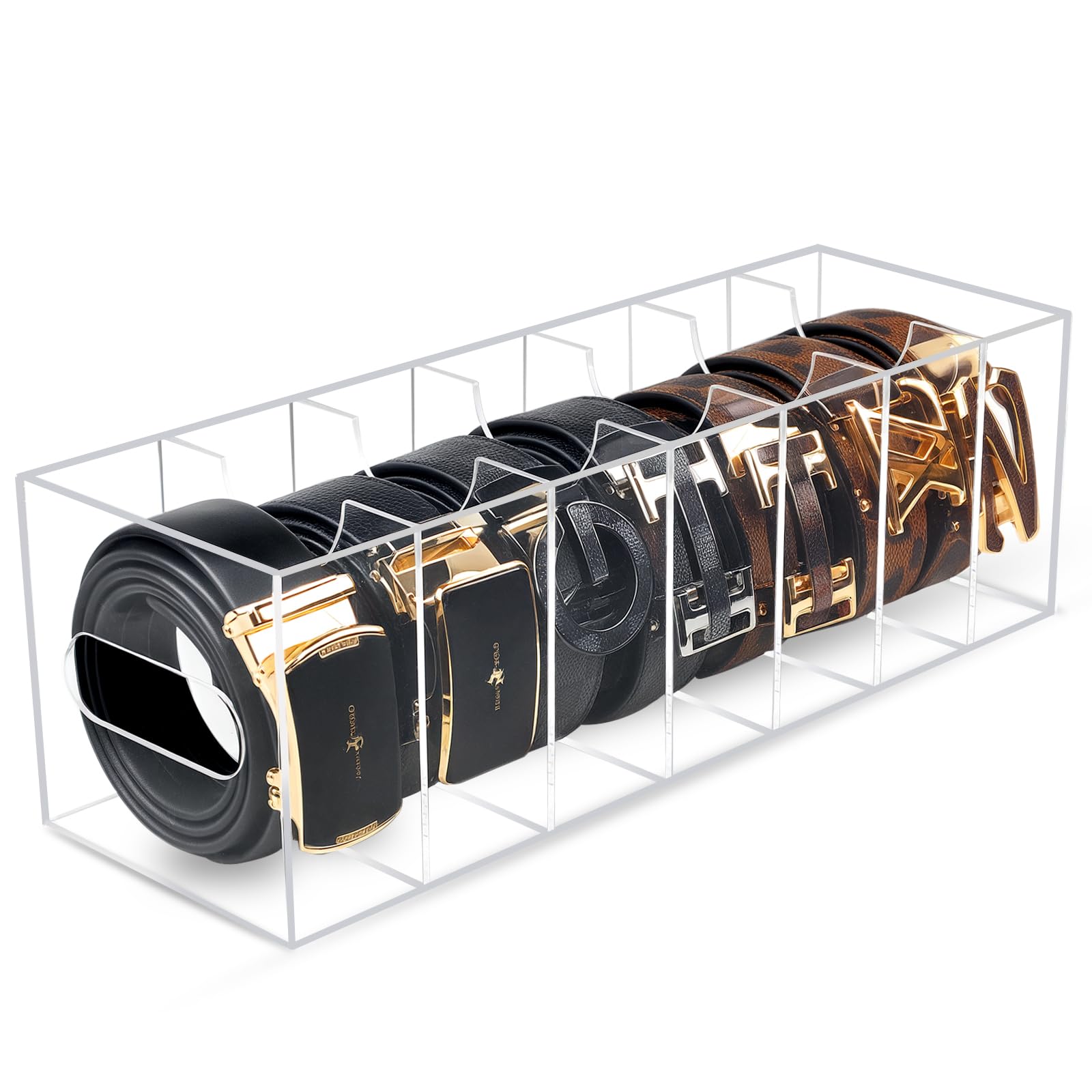 Belt Organizer With Dust cover, Acrylic 7 Compartments Belt Container Storage Box , Multi-Purpose Transparent Belt Display Box, Belt Storage Case, Suitable Closets, Wardrobes, Drawers bracelet Jewelry