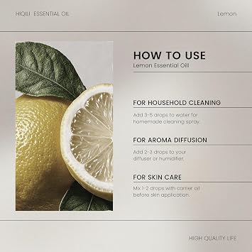 HIQILI Lemon Essential Oil for Cleaning, Diffuser & Skin