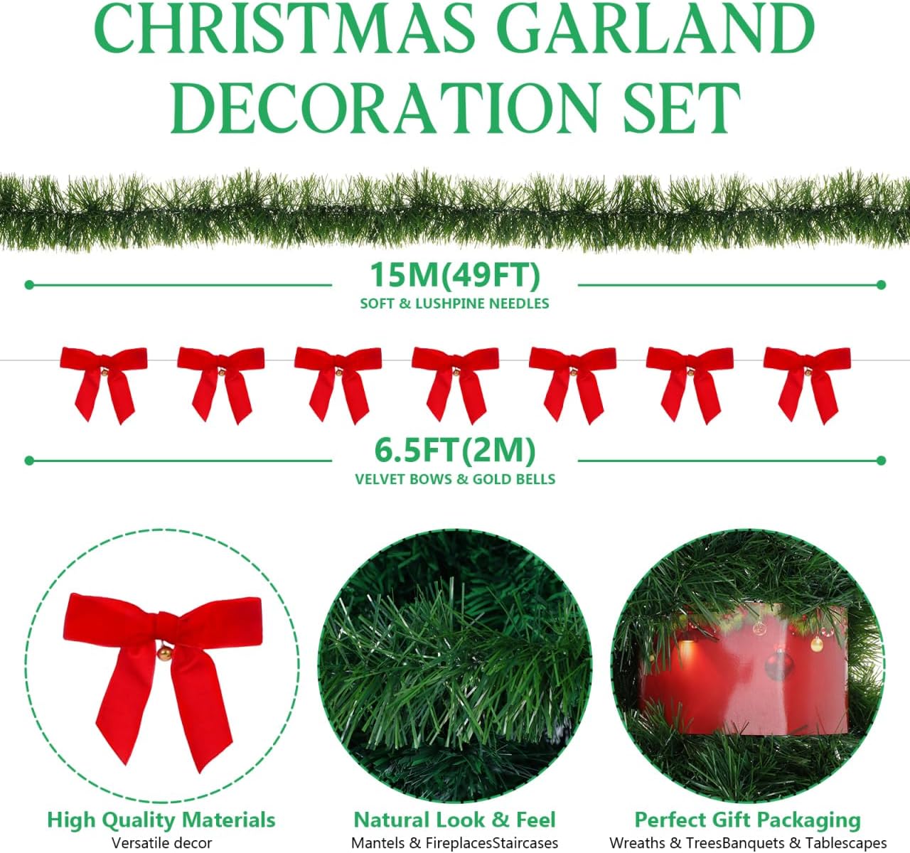 Baluue Christmas Garland 49. 2ft Artificial Pine Garland with 7 Bows and Bells Non-lit Soft Holiday Greenery for Staircase Fireplace Mantel Outdoor Door Decor