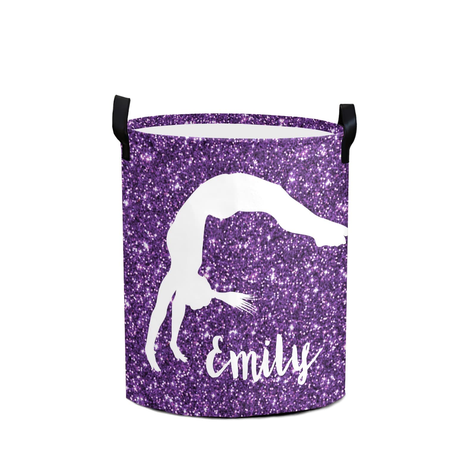 Grandkli Girl Gymnastic Purple Personalized Freestanding Laundry Hamper, Custom Waterproof Collapsible Drawstring Basket Storage Bins with Handle for Clothes, Toy, 50cm x 36cm