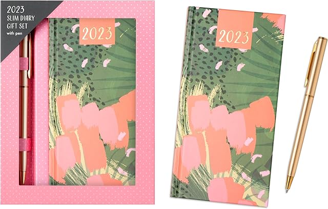 2023 Luxury Diary Slim Week to View Diaries Full Year with Pen (Pink/Green)
