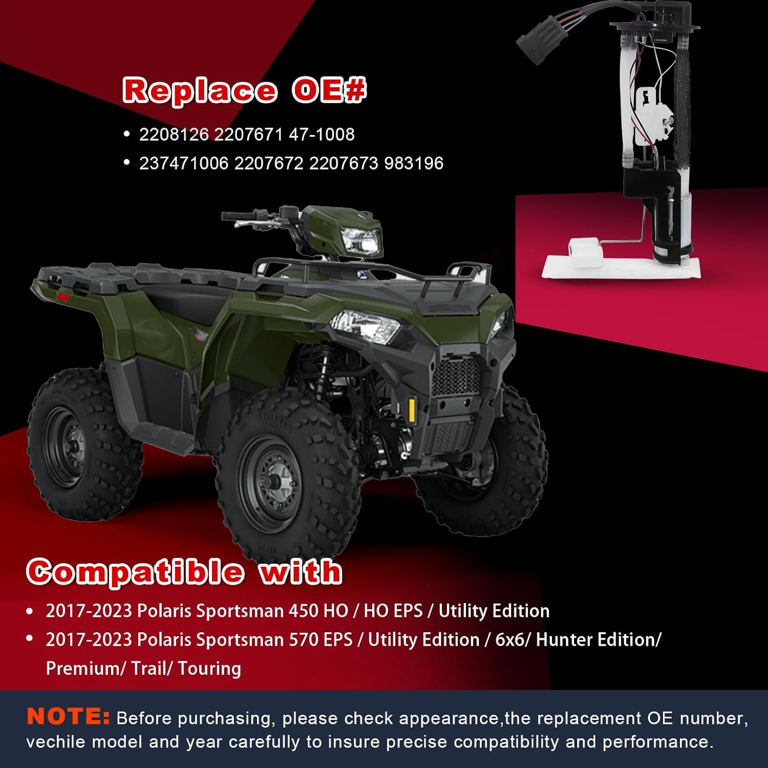 47-1008 Fuel Pump Assembly Compatible With Polaris Sportsman 450 HO/HO EPS, Fit for Sportsman 570 EPS/Utility Edition 2017-2023 Replace# 2208126 983196 2207671 2207672 2207673 237471006