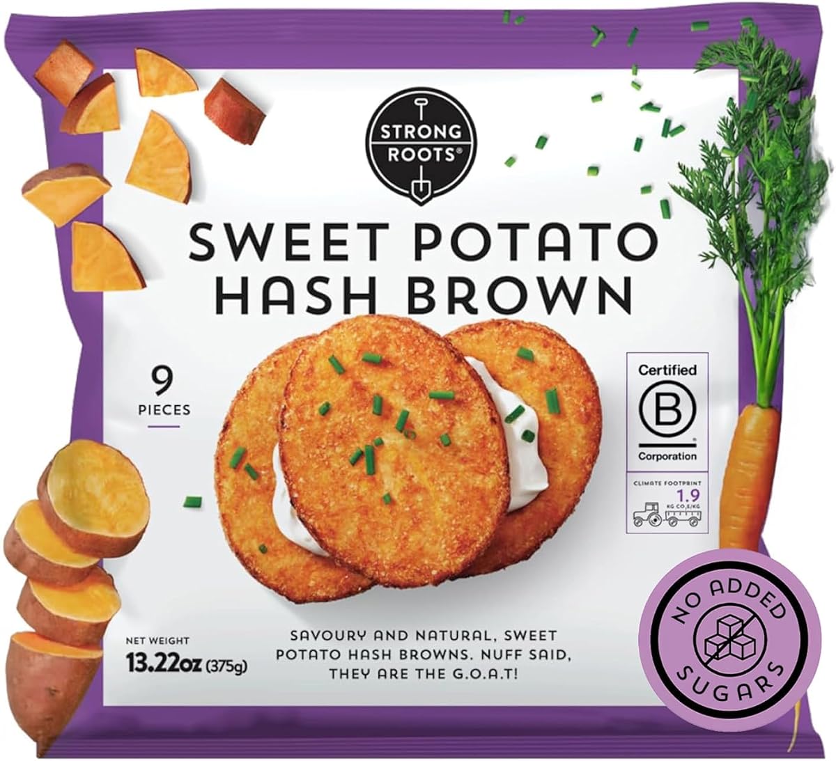 Strong Roots Batata Hash Browns, 7 hamburguesas congeladas, veganas y sin gluten, bajas en azúcar, sal y grasas saturadas, sin grasas trans