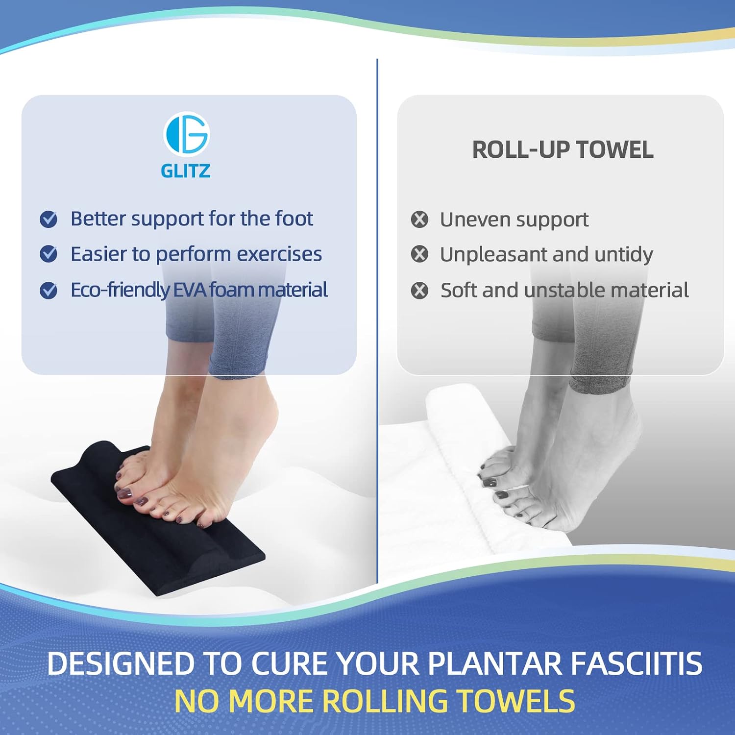 glitz Plantar Fasciitis Relief Pad with Foot Roller, Fascia Stretcher Toe Stretcher for Heel Spurs, Achilles Tendonitis, Tight Calves & Foot Drop