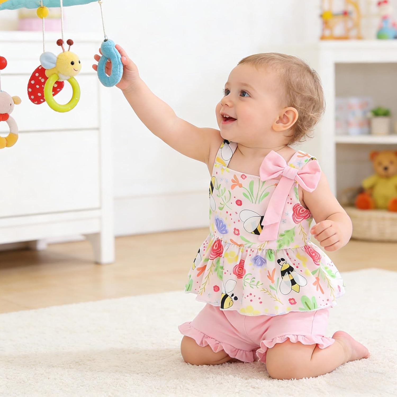 3-18M Newborn Baby Girl Pink Outfits Set Ruffle Sleeve Floral Top + Soild Shorts with Belt - Image 4