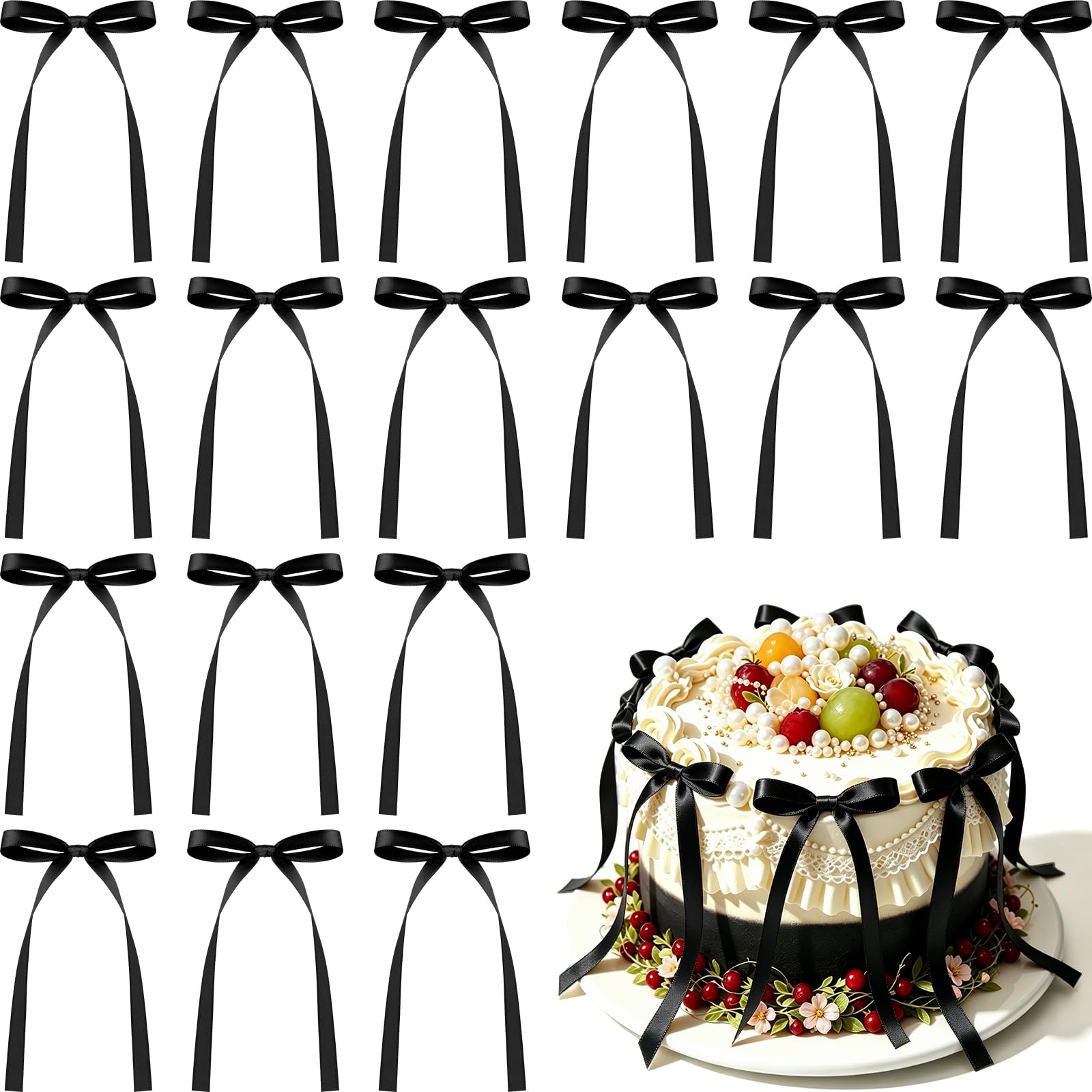 NEBURORA 50 Pcs Black Bows for Cake Decoration Party Ribbon Bowknots