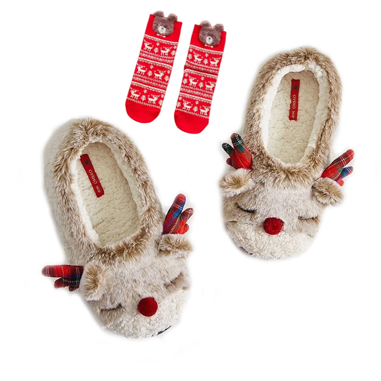 Zapatillas Navideñas De Reno Para Hombre Y Mujer - Talla 43/44 - Peluche Cálido, Suela Antideslizante